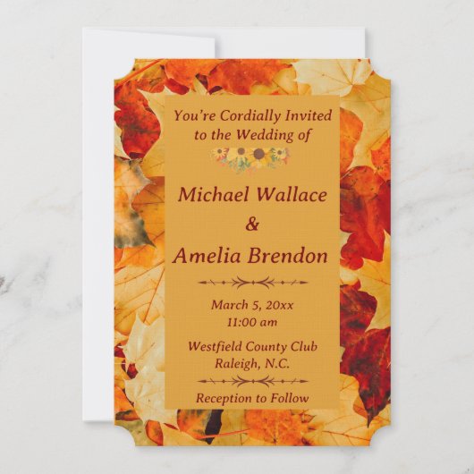 Elegante rode gouden herfstbladeren herfstbruiloft kaart (Voorkant)