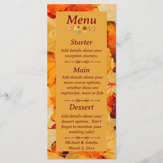 Elegante rode gouden herfstbladeren herfstbruiloft menu (Voorkant)
