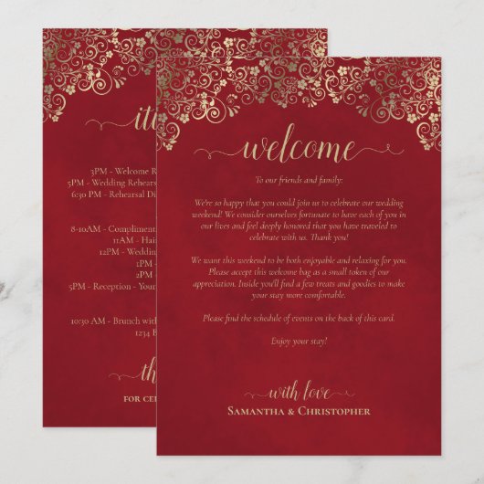 Elegante rode & gouden huwelijksbegroeting & progr programmakaart (Voorkant / Achterkant)