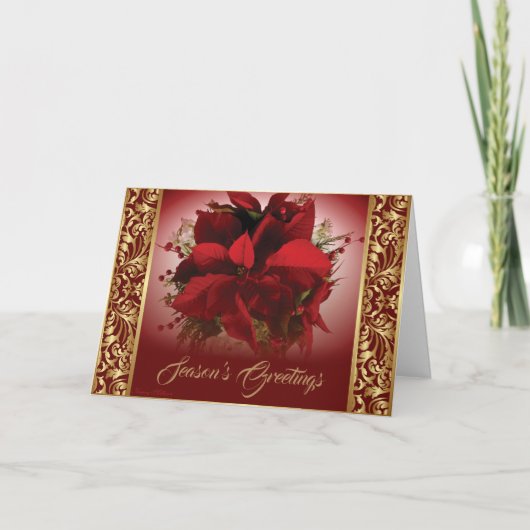Elegante Rode & Gouden Kerst Poinsettia Feestdagen Kaart (Voorkant)