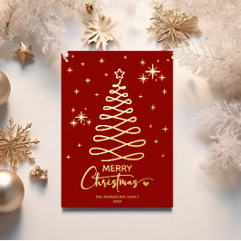 Elegante Rode Gouden Lint Boom Kerst Foto Folie Feestdagenkaart