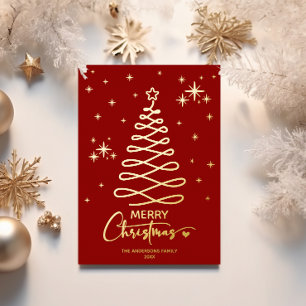 Elegante Rode Gouden Lint Boom Kerst Foto Folie Feestdagenkaart