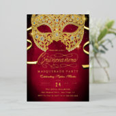 Elegante rode gouden maskerade Quinceanera Folie Uitnodiging (Staand Voorkant)