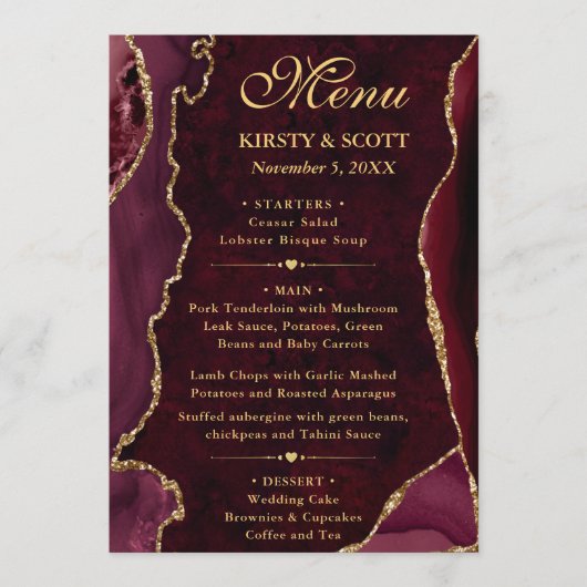 Elegante Rode & Gouden Nep Glitter Agate Bruiloft Menu (Voorkant)