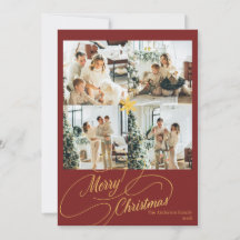 Elegante Rode & Gouden Prettig Kerstmis Familie Fo