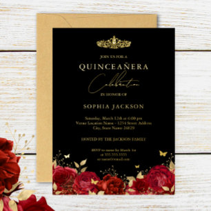 Elegante Rode Gouden Roos Vlinder Quinceanera Folie Uitnodiging