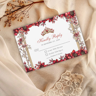 Elegante Rode Gouden Tiara Bloemrijke Quinceañera RSVP Kaartje