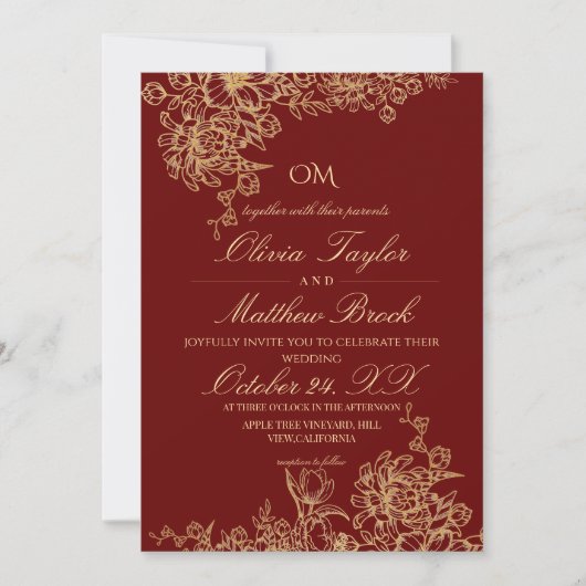 Elegante Rode & Gouden Tuin Bloemenbruiloft Kaart (Voorkant)