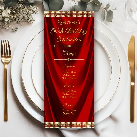 Elegante rode gouden verjaardagsfeest menu program kaart