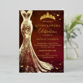 Elegante  rode gouden vlinder Quinceanera Folie Uitnodiging (Staand Voorkant)