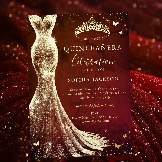 Elegante  rode gouden vlinder Quinceanera Folie Uitnodiging