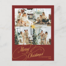 Elegante Rode & Gouden Zalig Kerstmis Familie Foto