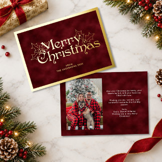 Elegante Rode & Gouden Zalig Kerstmis Lettering Fo Folie Feestdagenkaart