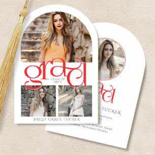 Elegante Rode GRAD 4-foto-collage Boog Afstuderen Kaart