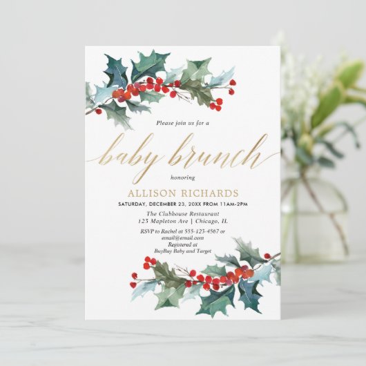 Elegante rode groen gouden baby brunch douche kaart (Staand voorkant)