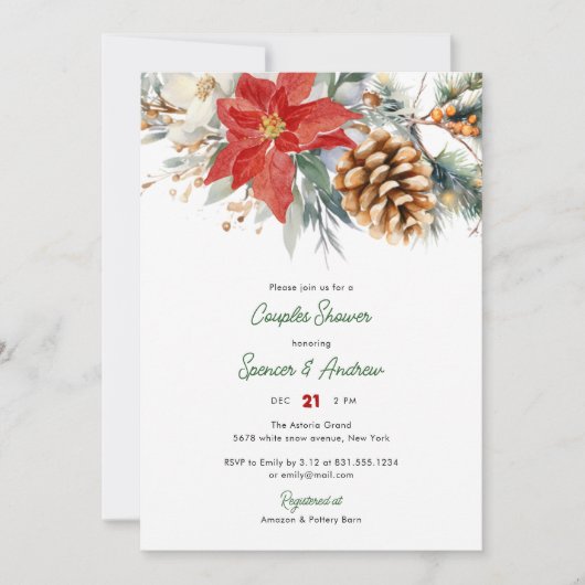 Elegante rode groene kerstparen Douche Kaart (Voorkant)