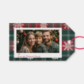 Elegante  rode & groene sneeuwvlokken Foto Cadeaulabel (Voorkant (Horizontaal))