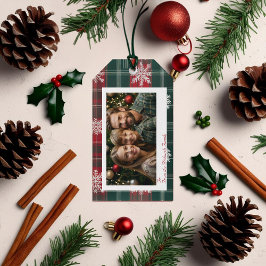 Elegante  rode & groene sneeuwvlokken Foto Cadeaulabel