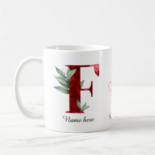 Elegante Rode Hart Bloem Letter F Initiële Koffie Koffiemok