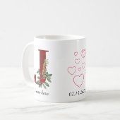 Elegante rode hart bloem letter J begin mok (Voorkant links)