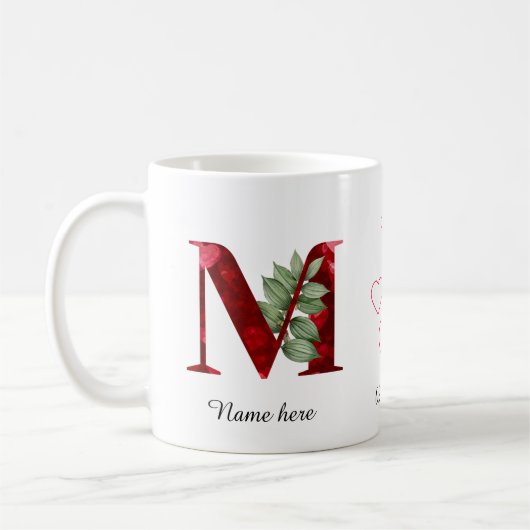 Elegante rode hart bloemrijke letter M begin mok (Links)