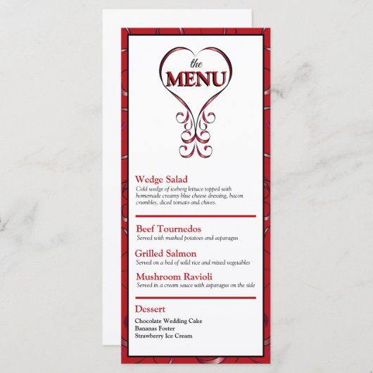 Elegante Rode Hart Plat Menu (Voorkant / Achterkant)