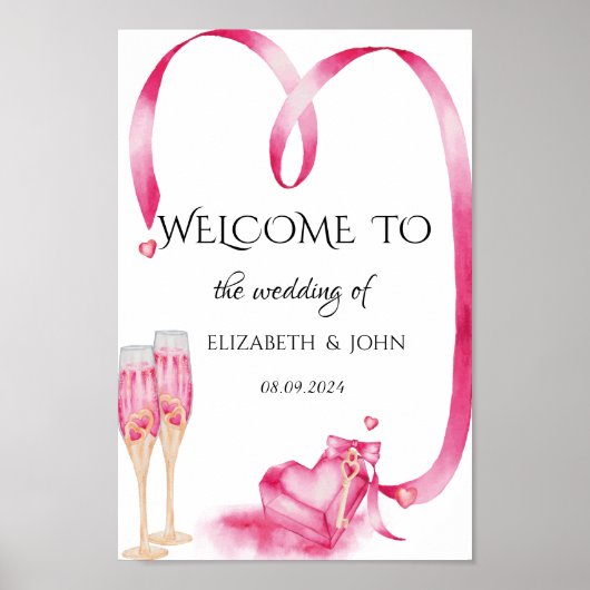 Elegante Rode Harten Champagneglas Poster (Voorkant)