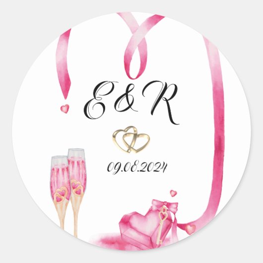 Elegante Rode Harten Champagneglas Ronde Sticker (Voorkant)