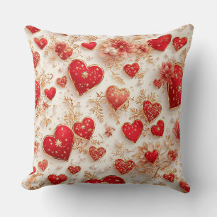 Elegante Rode Harten met Gouden Bloemdetails Kussen