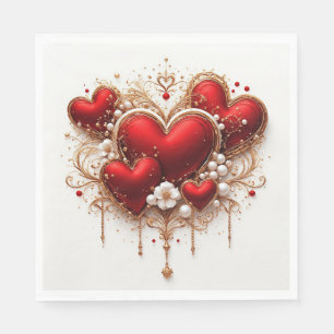 Elegante Rode Harten met Gouden Bloemdetails Servet