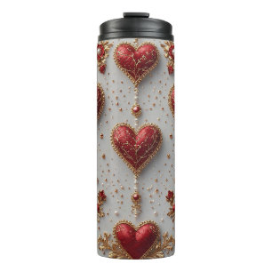 Elegante Rode Harten met Gouden Bloemdetails Thermosbeker