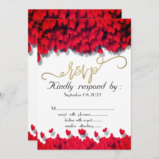 Elegante Rode Harten RSVP Bruiloft Kaart (Voorkant / Achterkant)