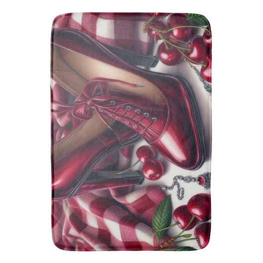 Elegante rode hoge hakken met kersen badmat (Voorkant Verticaal)