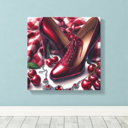Elegante rode hoge hakken met kersen canvas afdruk (Insitu (Houten vloer))