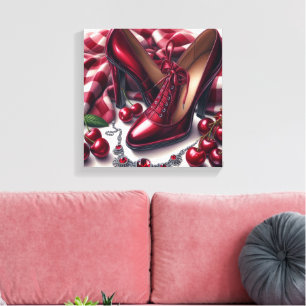 Elegante rode hoge hakken met kersen canvas afdruk