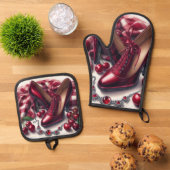 Elegante rode hoge hakken met kersen ovenwant & pannenlap set (Top down)