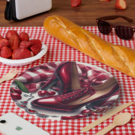 Elegante rode hoge hakken met kersen papieren bordje