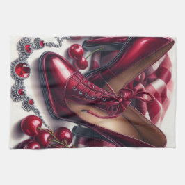 Elegante rode hoge hakken met kersen theedoek