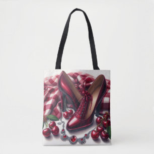 Elegante rode hoge hakken met kersen tote bag