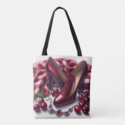 Elegante rode hoge hakken met kersen tote bag (Achterkant)