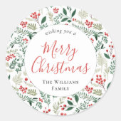 Elegante rode Holly Berry Greenery Kerstmis Ronde Sticker (Voorkant)