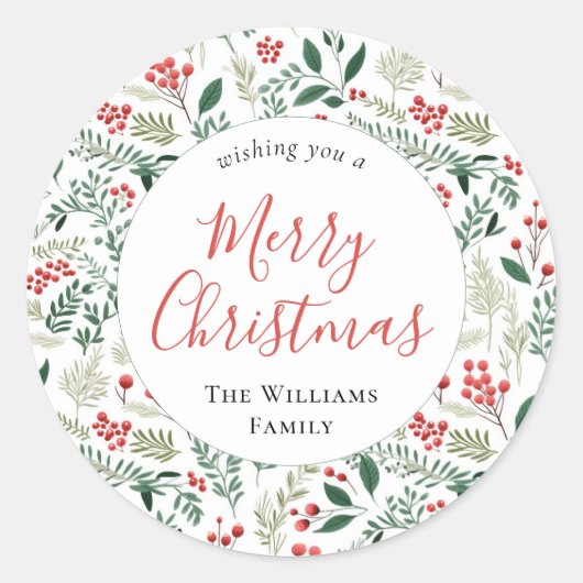 Elegante rode Holly Berry Greenery Kerstmis Ronde Sticker (Voorkant)