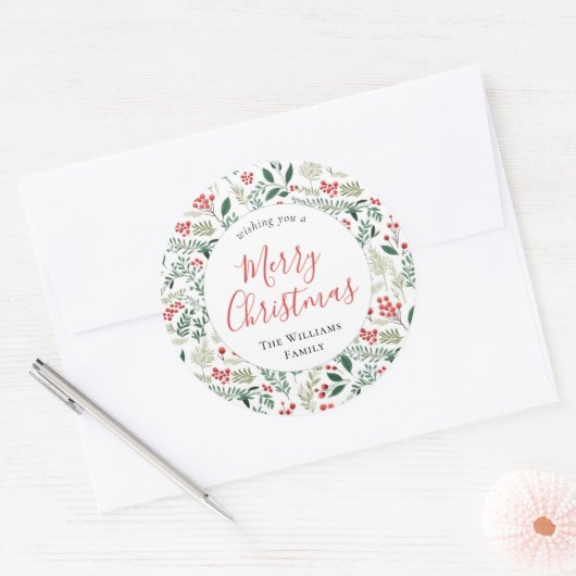 Elegante rode Holly Berry Greenery Kerstmis Ronde Sticker (Envelop)