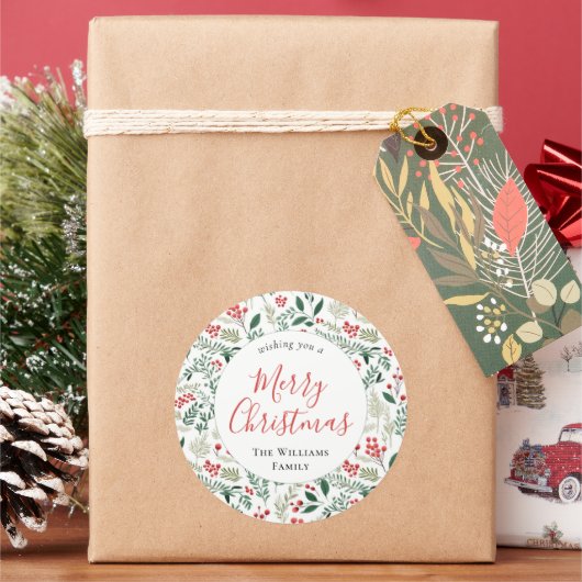 Elegante rode Holly Berry Greenery Kerstmis Ronde Sticker (Feestdagen)