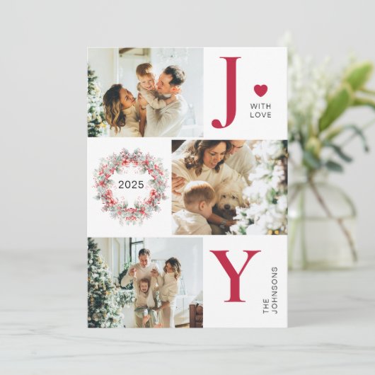 Elegante rode Holly bessen 3 Foto Joy Kerstmis Feestdagenkaart (Staand voorkant)