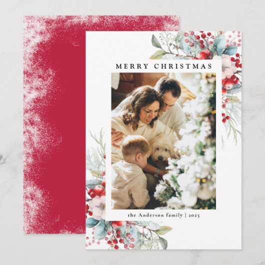 Elegante rode Holly bessen vrolijke kerstfoto Feestdagenkaart (Voorkant / Achterkant)