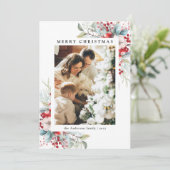 Elegante rode Holly bessen vrolijke kerstfoto Feestdagenkaart (Staand voorkant)