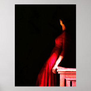 Elegante Rode Jurk Mysterieuze Vrouw in Schaduwen Poster
