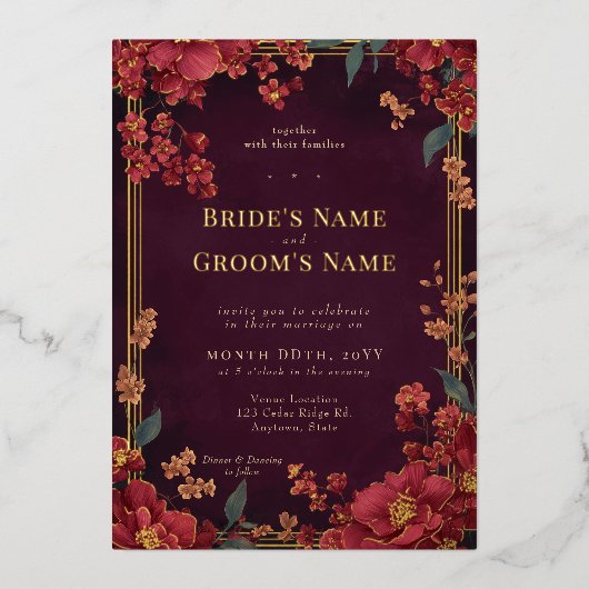 Elegante Rode Juweel Tone Floral Wedding Folie Uitnodiging (Voorkant)