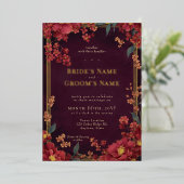 Elegante Rode Juweel Tone Floral Wedding Folie Uitnodiging (Staand Voorkant)